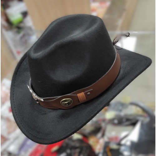 Ковбойская шляпа взрослая M (56–58 см) чёрная с коричневым ремнём и металлическим быком Ковбойская шляпа взрослая M (56–58 см) чёрная с коричневым ремнём и металлическим быком