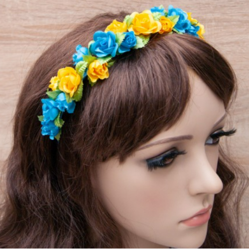 Украинский веночек на ободке 12201 с розочками (голубой с желтым)