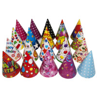 Бумажные праздничные колпачки 16см С Днем Рождения (уп. 10шт) (разноцветные)