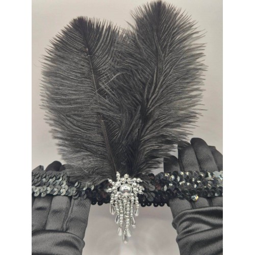 Повязка с тремя чёрными перьями и пайетками для гангстерской вечеринки