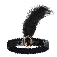Чорна пов'язка з паєтками та страусовим пером для гангстерської вечірки Чорна пов'язка з паєтками та страусовим пером для гангстерської вечірки
