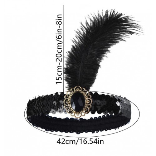 Чорна пов'язка з паєтками та страусовим пером для гангстерської вечірки Чорна пов'язка з паєтками та страусовим пером для гангстерської вечірки