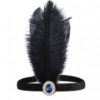 Чорна пов'язка з пером і синім «коштовним каменем» для гангстерської вечірки Чорна пов'язка з пером і синім «коштовним каменем» для гангстерської вечірки