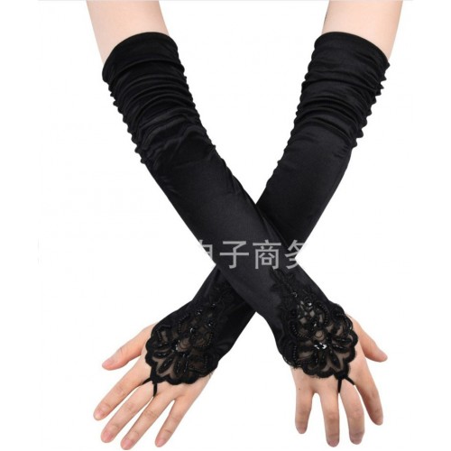 Чорні довгі рукавички з мереживом і петлею на палець 53 см для гангстерської вечірки