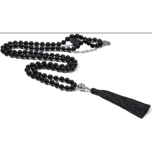 Чотки з натурального чорного агату 108 намистин, 8 мм, з китицею