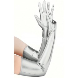 Довгі сріблясті лаковані рукавички вище ліктя для гангстерської вечірки Довгі сріблясті лаковані рукавички вище ліктя для гангстерської вечірки