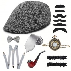 Гангстерський чоловічий набір з сірою кепкою та аксесуарами 1920-х, 8 предметів