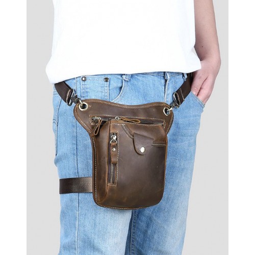 Мужская кожаная сумка на бедро (на ногу) Crazy Horse, цвет «кофе», для телефона и документов