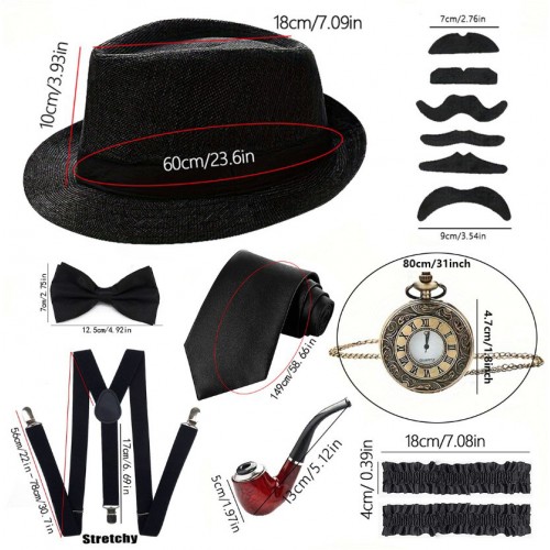 Набор аксессуаров в стиле 1920-х с черной круглой шляпой (8 предметов)