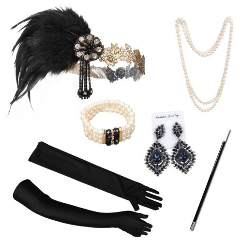 Набор "Чёрно-белая ночь" в стиле Гэтсби 1920-х женский, 6 предметов, чёрные перья