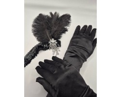 Набір аксесуарів у стилі Гетсбі “Black Feather”: пов’язка з пір’ям і стразами + довгі чорні рукавички