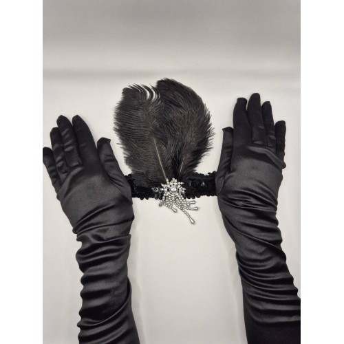 Набір аксесуарів у стилі Гетсбі “Black Feather”: пов’язка з пір’ям і стразами + довгі чорні рукавички Набір аксесуарів у стилі Гетсбі “Black Feather”: пов’язка з пір’ям і стразами + довгі чорні рукавички