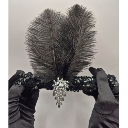 Повязка с тремя чёрными перьями и пайетками для гангстерской вечеринки