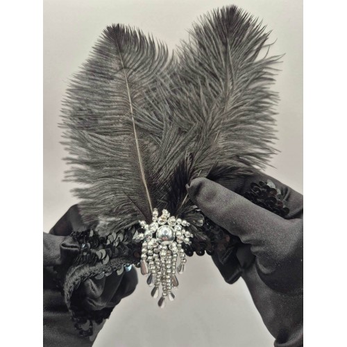 Повязка с тремя чёрными перьями и пайетками для гангстерской вечеринки