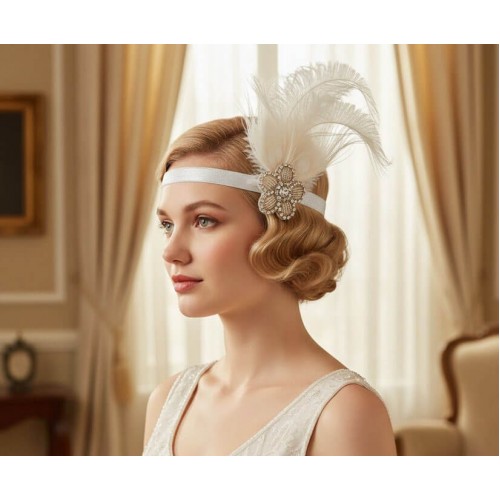 Повязка «Белая Орхидея» в стиле Гэтсби женская с белым пером и стразами 1920-е