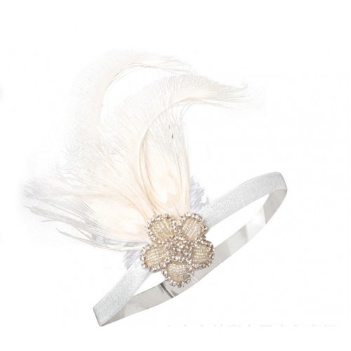 Повязка «Белая Орхидея» в стиле Гэтсби женская с белым пером и стразами 1920-е