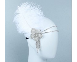 Повязка «Белый Джаз» в стиле Гэтсби женская с белым страусиным пером и стразами 1920-е