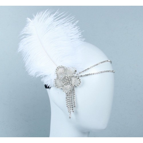 Повязка «Белый Джаз» в стиле Гэтсби женская с белым страусиным пером и стразами 1920-е