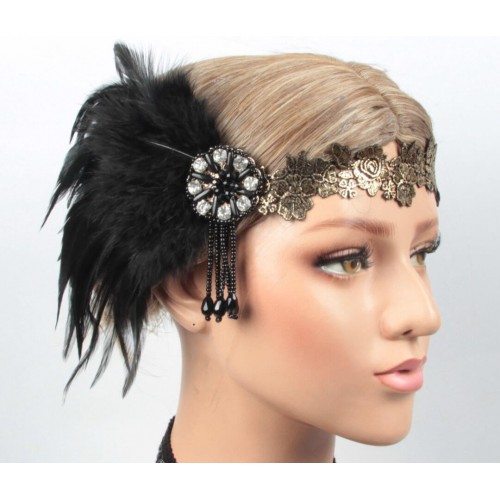 Повязка "Чёрная герцогиня" в стиле Гэтсби 1920-х женская с чёрным пером