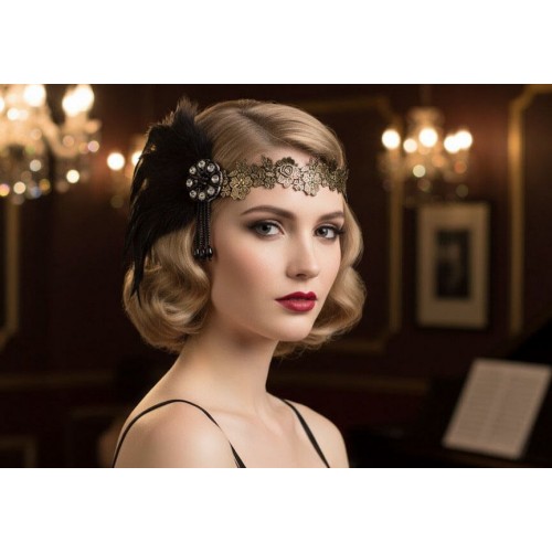 Повязка "Чёрная герцогиня" в стиле Гэтсби 1920-х женская с чёрным пером