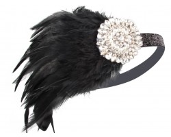 Повязка «Чёрный Бриллиант» в стиле Гэтсби женская с чёрным страусиным пером и брошью со стразами 1920-е