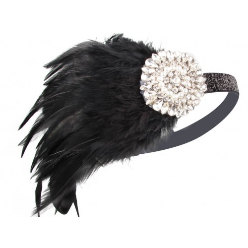 Повязка «Чёрный Бриллиант» в стиле Гэтсби женская с чёрным страусиным пером и брошью со стразами 1920-е