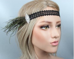 Повязка Гэтсби «Изумрудное перо» женская, зеленое перо, стиль 1920-е