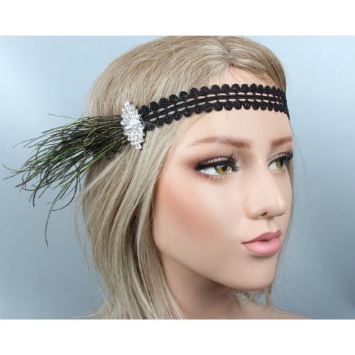 Повязка Гэтсби «Изумрудное перо» женская, зеленое перо, стиль 1920-е