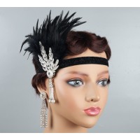Пов'язка Гетсбі «Нічна діва» з чорним пером і кристалами для ретро-вечірки Пов'язка Гетсбі «Нічна діва» з чорним пером і кристалами для ретро-вечірки