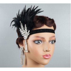 Повязка Гэтсби «Ночная дива» с чёрным пером и кристаллами для ретро-вечеринки