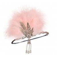 Пов'язка Гетсбі «Рожевий перламутр» з пір'ям і кристалами для ретро-вечірки Пов'язка Гетсбі «Рожевий перламутр» з пір'ям і кристалами для ретро-вечірки