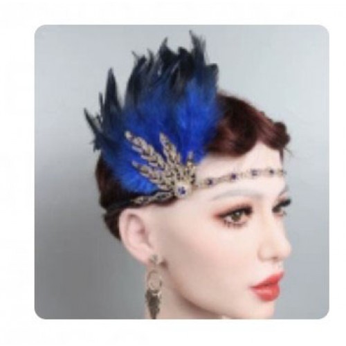 Пов'язка Гетсбі «Синій джаз» з пір'ям і синіми кристалами для ретро-вечірки