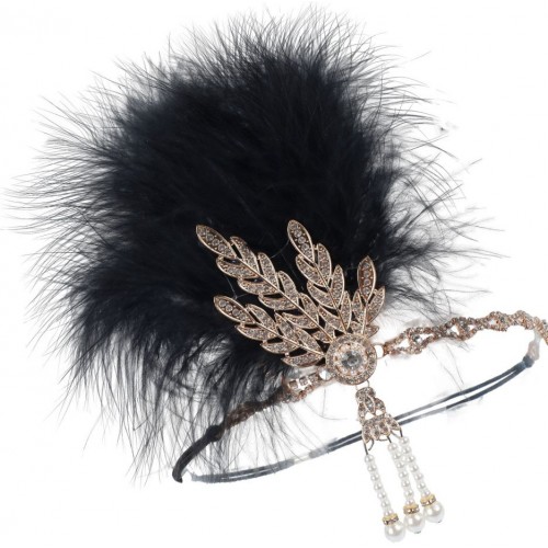 Пов'язка Гетсбі «Темний джаз» з чорним пером і кристалами для ретро-вечірки