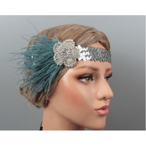 Повязка «Морская Леди» в стиле Гэтсби женская с бирюзовым пером и стразами 1920-е