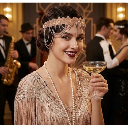 Повязка на голову Гэтсби 1920-х шампань с цепочками и стразами