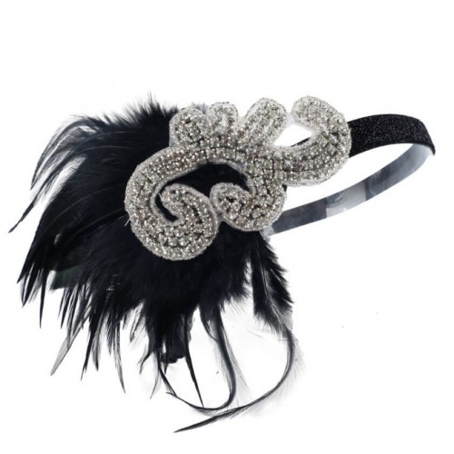 Пов'язка на голову Гетсбі «Чорна Розкіш» зі стразами та пір'ям
