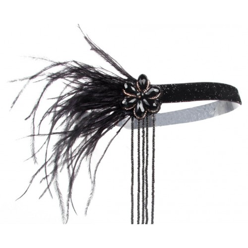 Пов'язка на голову Гетсбі «Чорна орхідея» з пір'ям і китицями Пов'язка на голову Гетсбі «Чорна орхідея» з пір'ям і китицями