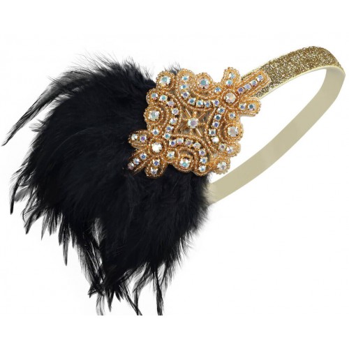 Пов'язка на голову Гетсбі «Golden Empire» з чорними пір'ями