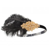 Пов'язка на голову Гетсбі «Golden Jazz» з чорним пером і золотим декором Пов'язка на голову Гетсбі «Golden Jazz» з чорним пером і золотим декором
