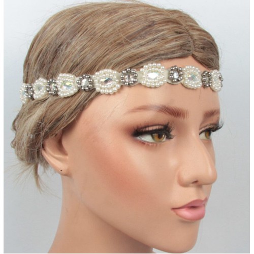 Пов'язка на голову Гетсбі «Pearl Elegance» 1920-ті, біла, з кристалами та перловим декором