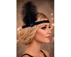 Повязка на голову Гэтсби женская «Синяя Жемчужина» 1920-е, черное перо, паетки, ретро стиль Чикаго