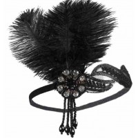 Пов'язка на голову в стилі Гетсбі «Black Royale» з подвійним пером і кристалами 1920-х років Пов'язка на голову в стилі Гетсбі «Black Royale» з подвійним пером і кристалами 1920-х років