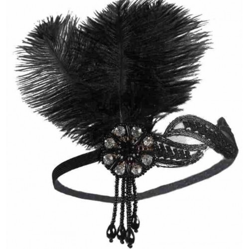 Пов'язка на голову в стилі Гетсбі «Black Royale» з подвійним пером і кристалами 1920-х років