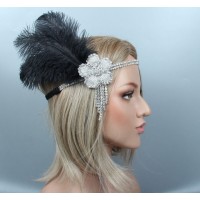 Повязка «Ночная Ривьера» в стиле Гэтсби женская с чёрным страусиным пером и стразами 1920-е