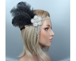 Повязка «Ночная Ривьера» в стиле Гэтсби женская с чёрным страусиным пером и стразами 1920-е