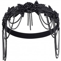 Пов'язка-ободок у стилі Гетсбі з чорними бусинами та китицями для гангстерської вечірки Пов'язка-ободок у стилі Гетсбі з чорними бусинами та китицями для гангстерської вечірки