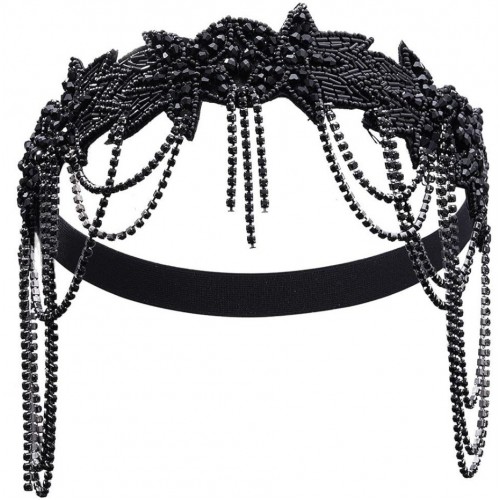 Пов'язка-ободок у стилі Гетсбі з чорними намистинами та китицями для гангстерської вечірки