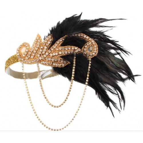 Повязка в стиле Гэтсби «Golden Noir» с цепочками и перьями