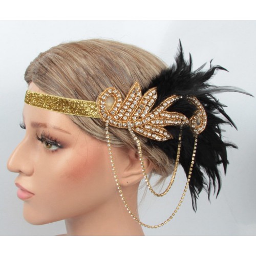 Повязка в стиле Гэтсби «Golden Noir» с цепочками и перьями