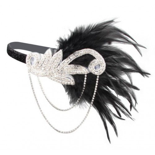 Повязка в стиле Гэтсби «Silver Jazz» с перьями и цепочками